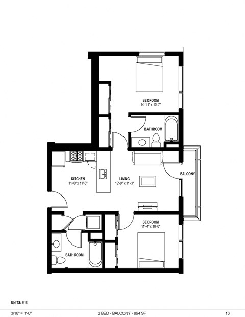 Floor plan for 2 beds, 2 baths, 893 sqft